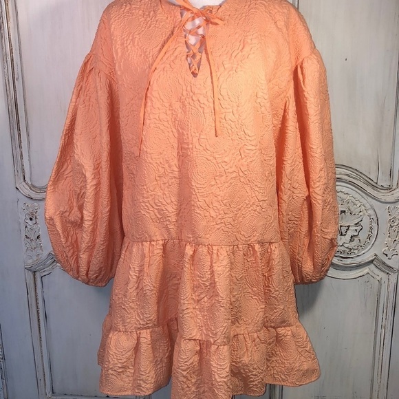 SHEIN X Orange Sherbet Embossed Very Full Puff Sleeve Lace Up Neckline S/S - Picture 1 of 11